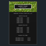 Deluxe Glittery Green Salon Pricing & Services Flyer<br><div class="desc">Glamourous and Luxury flyer design displays your services, price list or business information over a digital image of chic green glitter pattern. Black stripe overlay. Includes four customisable headings and body text fields. To adjust layout, enter your text and then use the Customise function to change positioning and font sizes....</div>