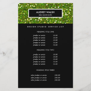 Deluxe Glittery Green Salon Pricing & Services Flyer