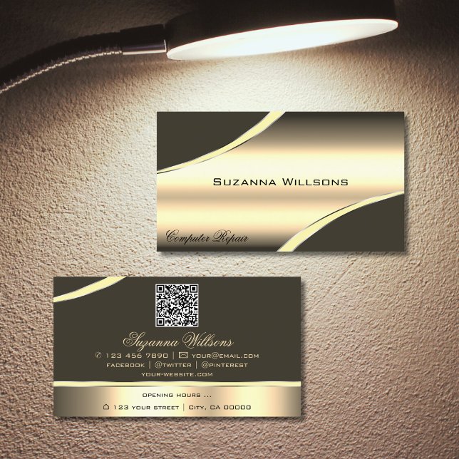 Deluxe Gold Brown Curved Decor Lines and QR Code Business Card (Creator Uploaded)