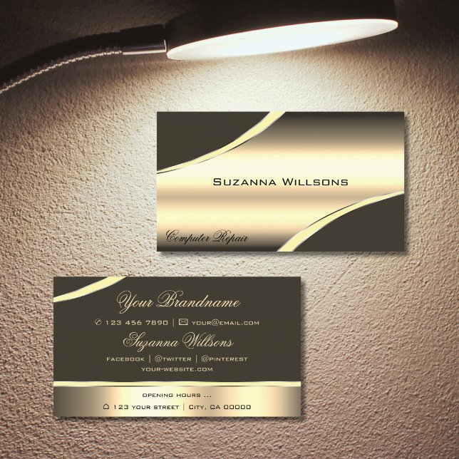 Deluxe Gold Brown Curved Decor Lines Shimmering Business Card (Creator Uploaded)