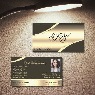 Deluxe Gold Brown Curved Lines Monogram and Photo Business Card