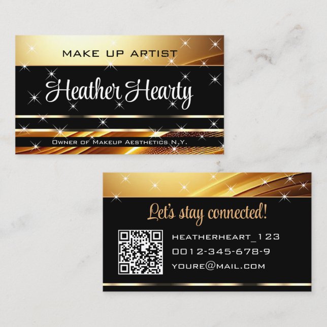 Deluxe Golden Black Sparkle Stars Ombre QR Code Business Card (Front/Back)