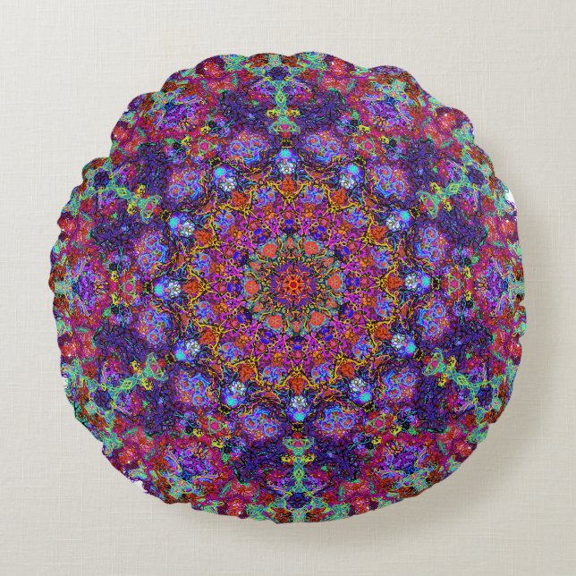 Deluxe multi-coloured mandala ornament arabesque round cushion (Front)