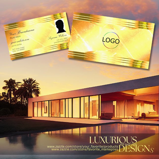 Deluxe Shimmery Yellow Gold Borders Logo and Photo Business Card (Creator Uploaded)