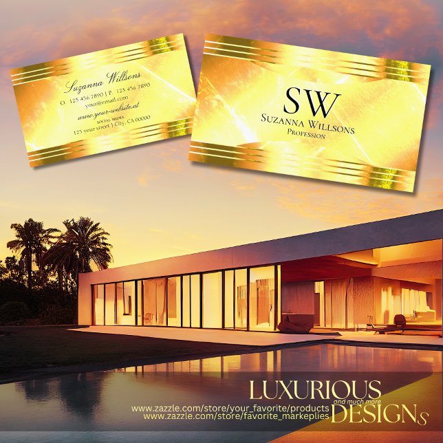 Deluxe Shimmery Yellow Gold Borders with Monogram Business Card (Creator Uploaded)