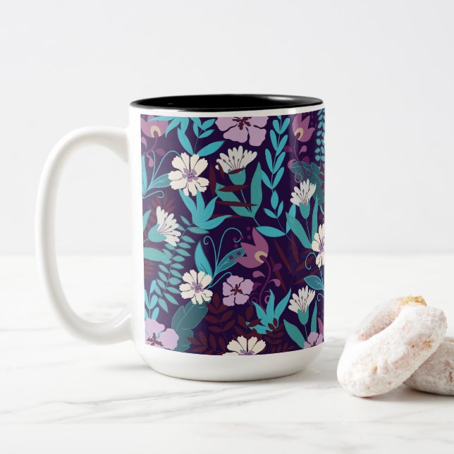Deluxe Teal & Burgundy Flower Two-Tone Coffee Mug (With Donut)