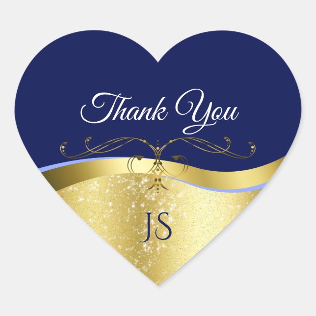 Deluxe Wavy Gold Decor on Dark Blue Thank You Heart Sticker (Front)