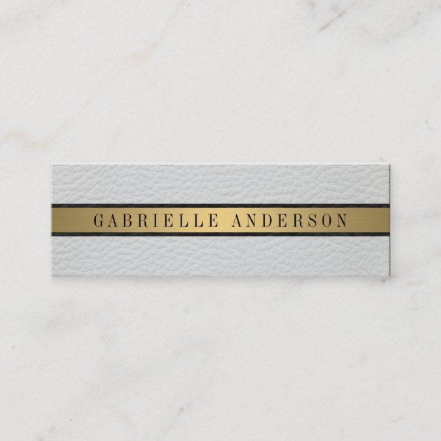 Deluxe White Leather Black Gold Metallic Trim Mini Business Card (Front)