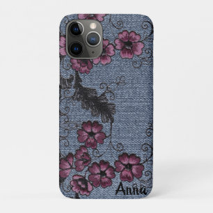 *~* Demin Black Scrolls Pink Flowers iPhone 11 Pro Case