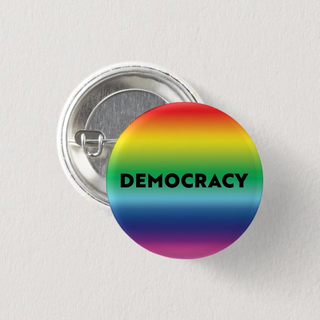 Democracy black text rainbow gradient lgbt pride 3 cm round badge (Front & Back)