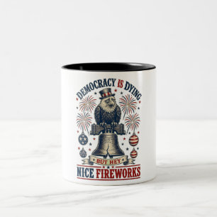 Democracy Dying Eagle Liberty Bell Fireworks Two-Tone Coffee Mug