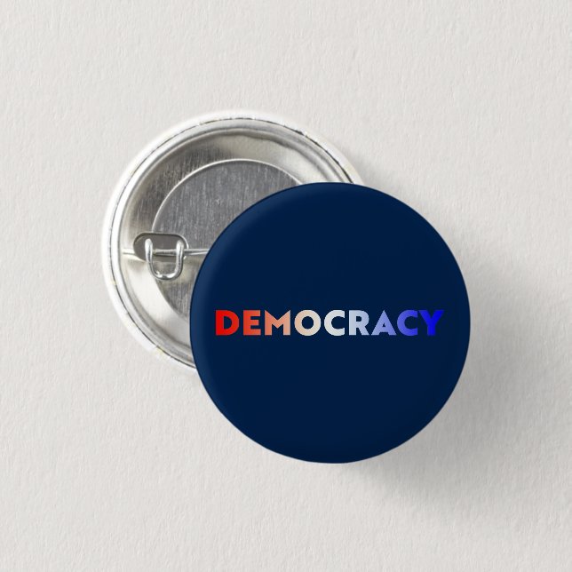 Democracy red white blue gradient typography navy 3 cm round badge (Front & Back)