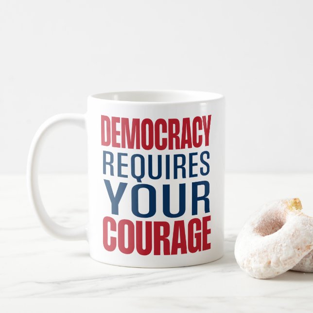 Democracy Requires Courage | Red Blue | Coffee Mug (With Donut)