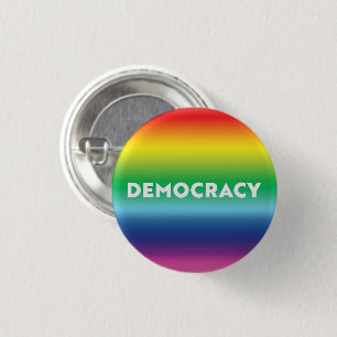 Democracy white text rainbow gradient lgbt pride 3 cm round badge