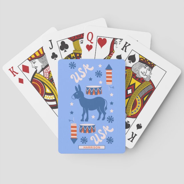 Democrat Donkey Monogram Name Red White Blue Playing Cards (Back)