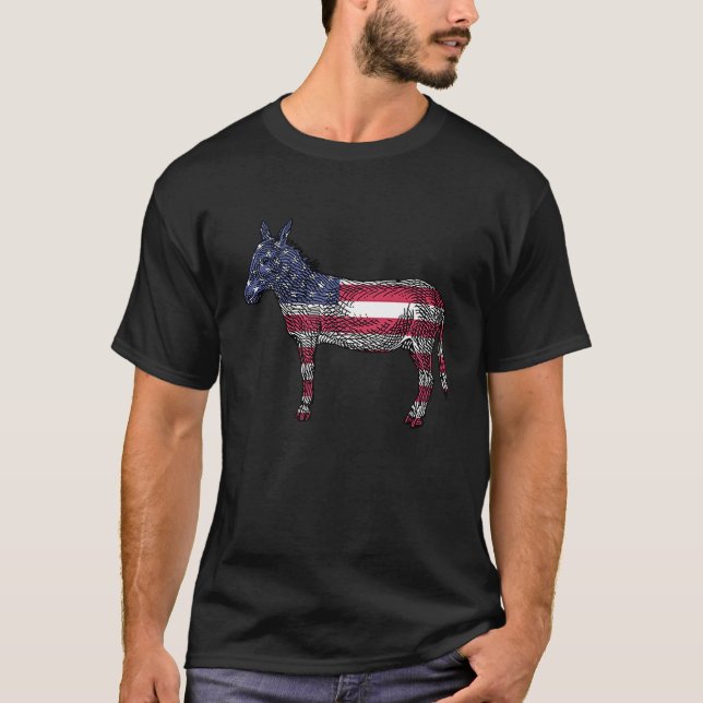 Democratic Donkey Burro Mule With US Flag T-Shirt (Front)