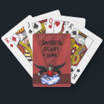 Demon Hunter Goth Red Scary 16th Birthday Playing Cards<br><div class="desc">Crimson red metal look with a parched folded paper overlay and a chain mail band with a black winged demon hunter on a cloud complete with a sword. Perfect for a teens 16th birthday.</div>