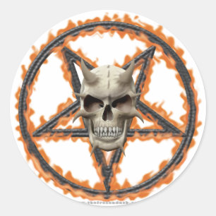 Demon Skull & Burning Pentagram Classic Round Sticker