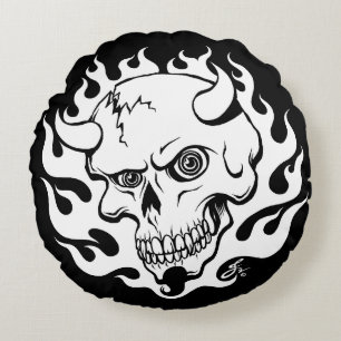 Demon Skull in Flames Round Cushion