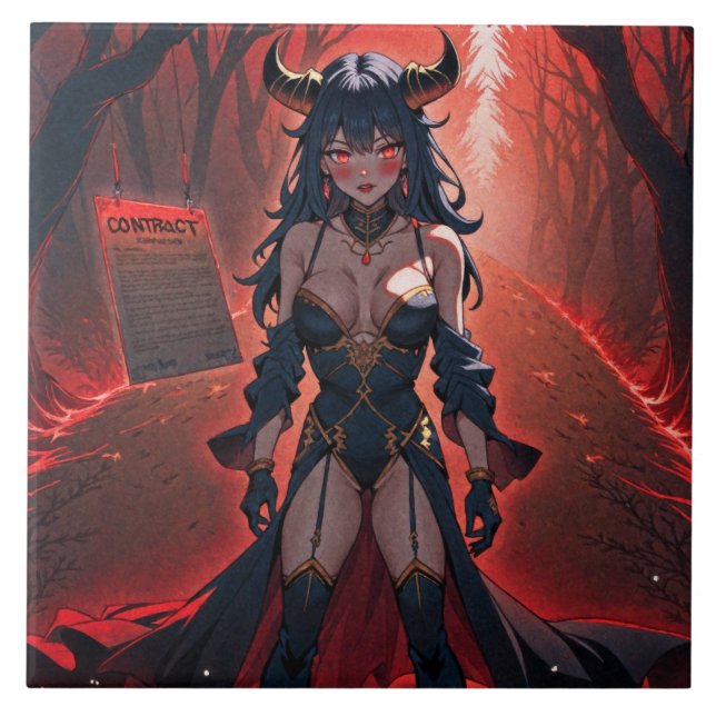 Demoness with Contact at Crossroads, Anime Demon Ceramic Tile (Front)