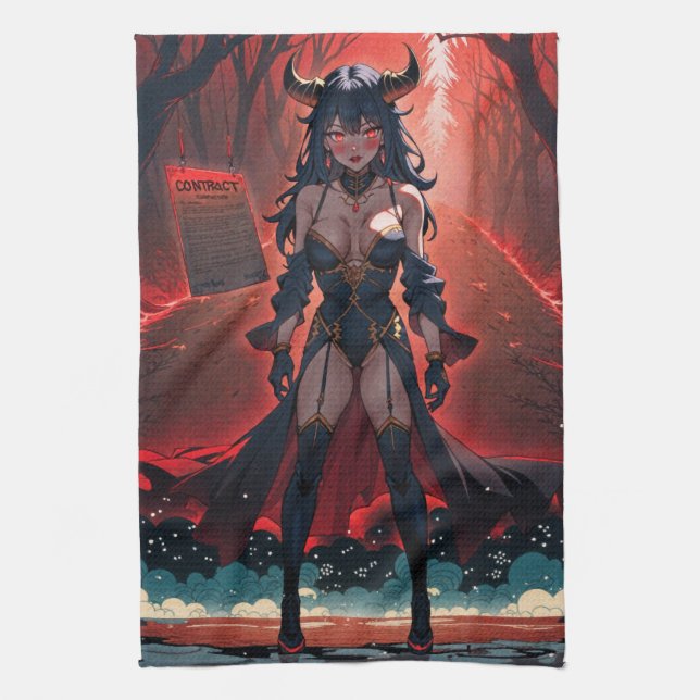 Demoness with Contact at Crossroads, Anime Demon Tea Towel (Vertical)