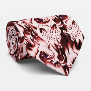 Demonic skulls pattern spooky skeleton face red tie