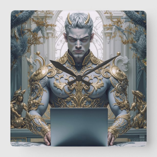Demonic Warrior at Laptop Fantasy Square Wall Clock (Front)