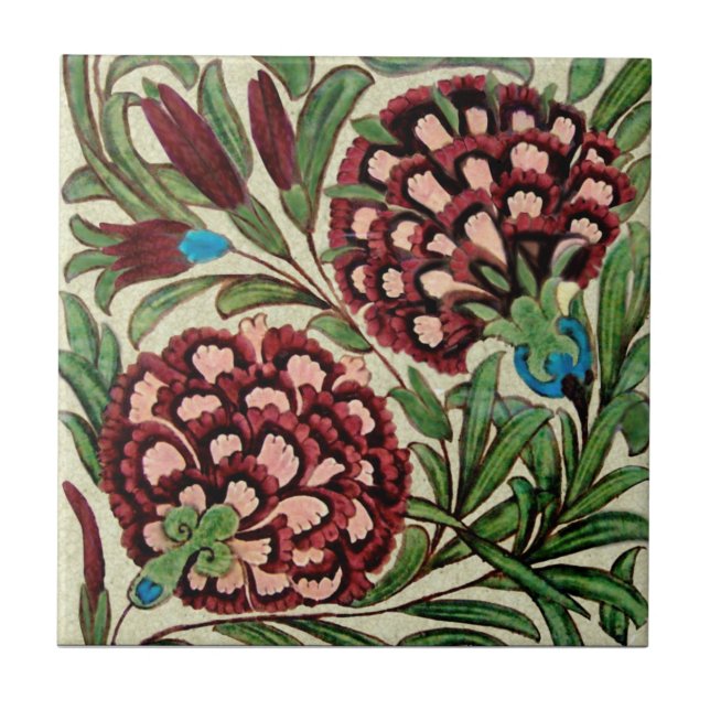 DeMorgan Persian Style Floral Repro Antique HP Ceramic Tile (Front)