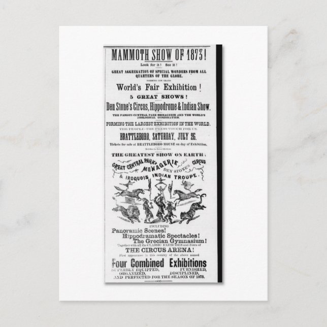 Den Stone's Circus, Menagerie & Indian Show Ad Postcard (Front)