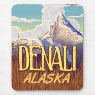 Denali Alaska cartoon vintage travel poster Mouse Pad