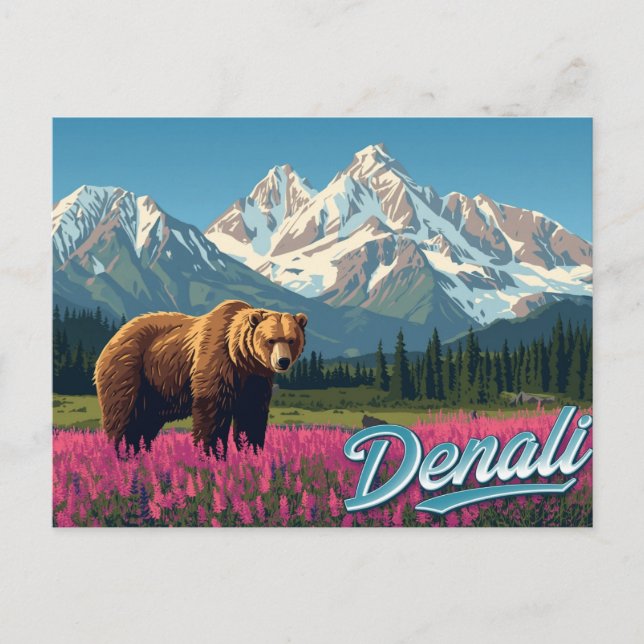 Denali Grizzly Bear Wildflower Art Postcard (Front)
