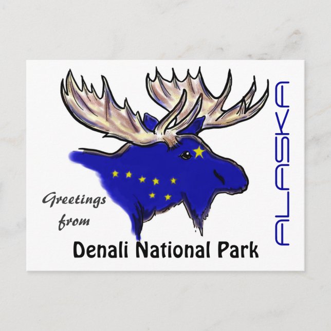 Denali National Park Alaska flag elk postcard (Front)