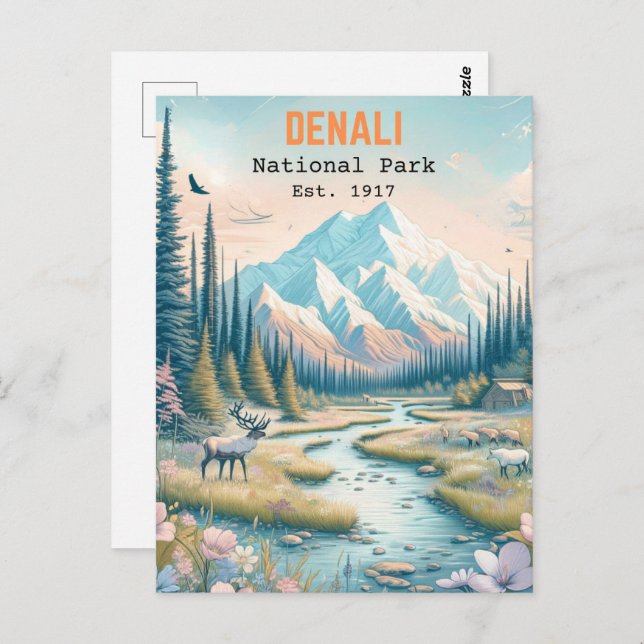 Denali National Park Alaska Mount Hand drawn Postcard (Front/Back)