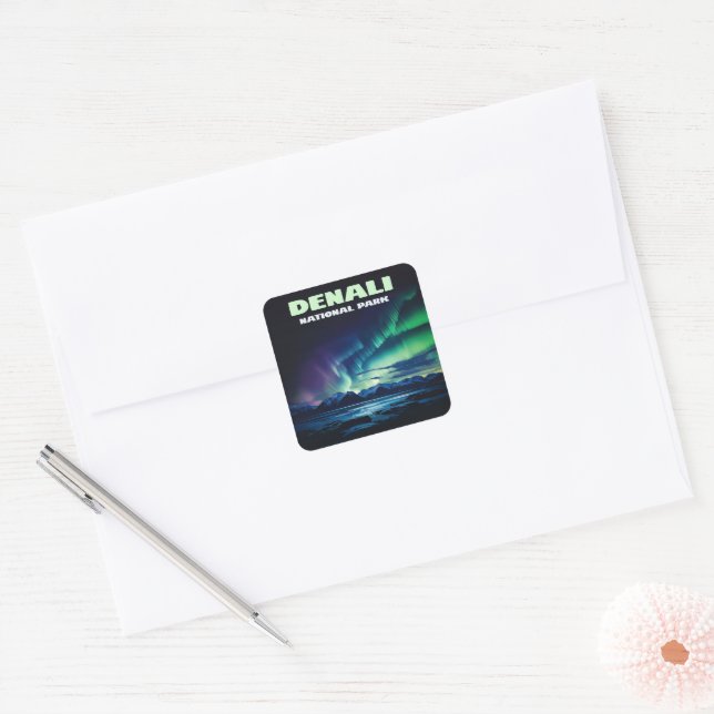 Denali National Park Alaska Northern Lights Retro Square Sticker (Envelope)