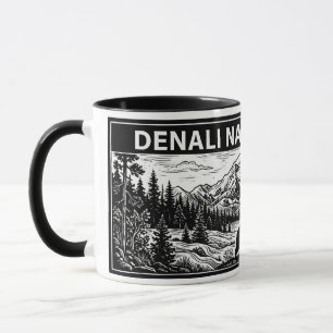 Denali National Park Black White Woodcut Linocut M Mug