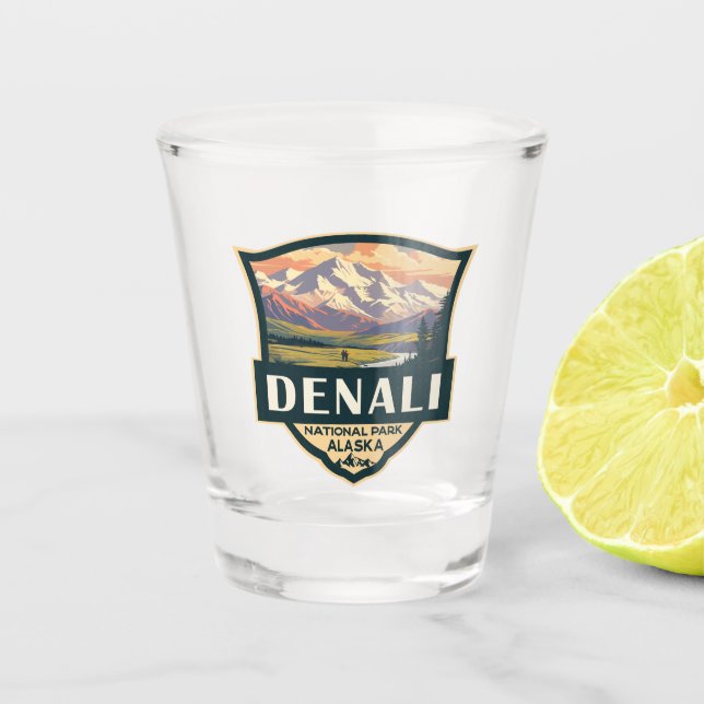 Denali National Park Illustration Travel Vintage Shot Glass (Front)