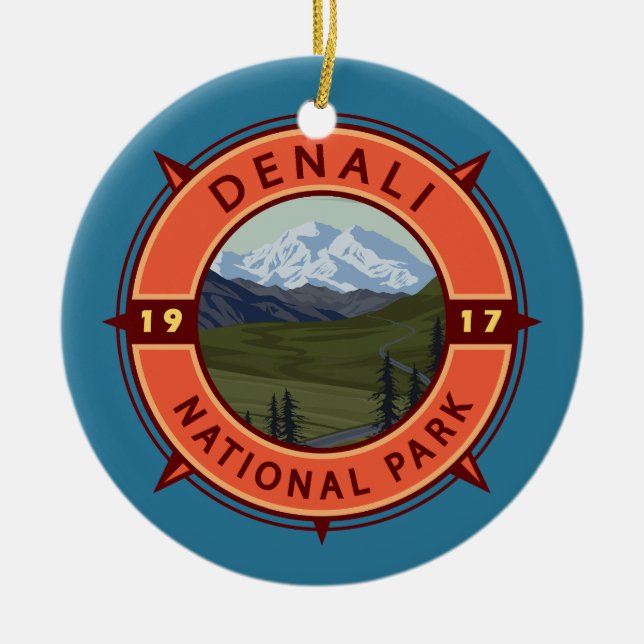 Denali National Park Retro Compass Emblem Ceramic Ornament (Front)