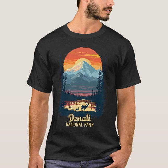 Denali National Park Retro Sunset Wilderness Ar T-Shirt (Front)