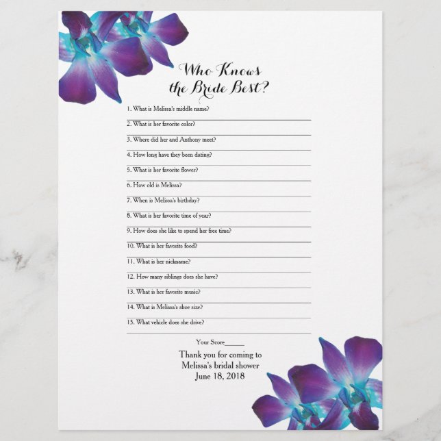 Dendrobium Orchid Bride Best Bridal Shower Game (Front)