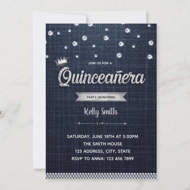 Denim and diamond Quinceañera invitation (Front)