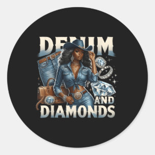 Denim And Diamonds African Melanin Swag Cowgirls W Classic Round Sticker