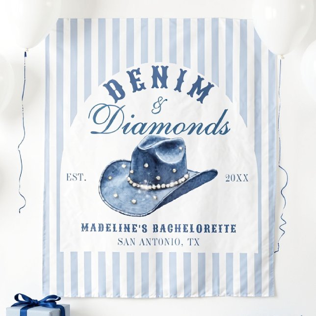 Denim and Diamonds Bachelorette Backdrop Cowgirl Tapestry (denim diamonds bachelorette backdrop photo booth hand drawn cowgirl hat blue white stripes)