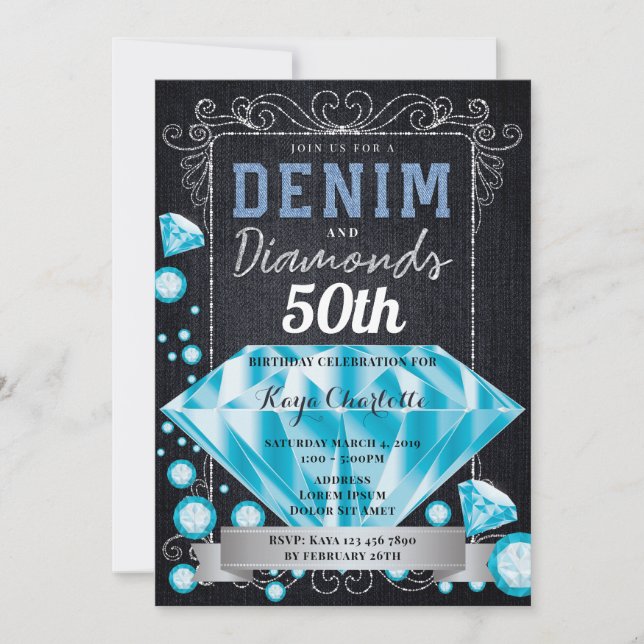 Denim and Diamonds Birthday Invitation (Front)