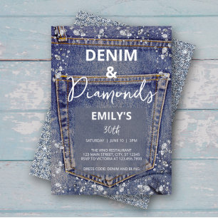 Denim and Diamonds Bling Jean Glam Birthday Party Invitation