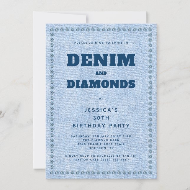 Denim and Diamonds Blue Jeans 30th Birthday Party Invitation (Front)