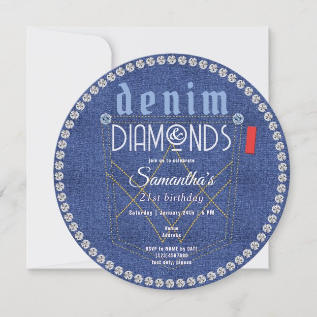 Denim and Diamonds Blue Jeans Bling Birthday Party Invitation (Front)