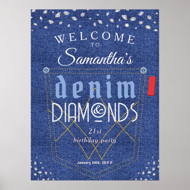 Denim and Diamonds Blue Jeans Bling Birthday Party Poster (Front)