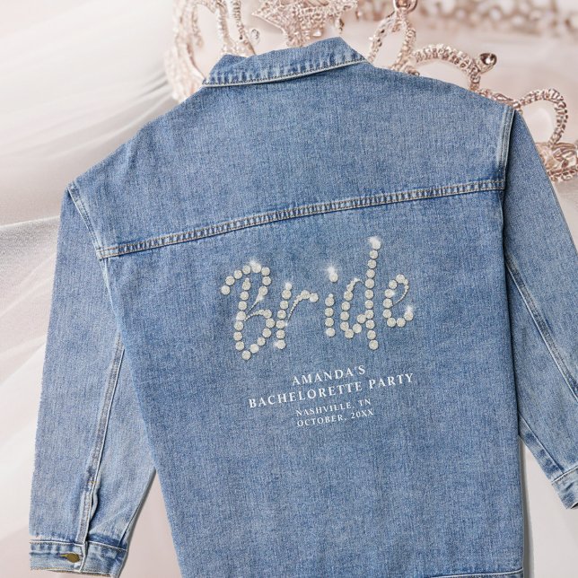 Denim and Diamonds Rhinestones Bride Bachelorette  Jacket (personalized denim jacket bachelorette party bride rhinestones bling script blue white name elegant)