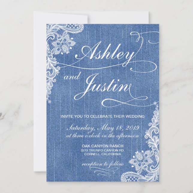 Denim and Lace rustic wedding invitation (Front)