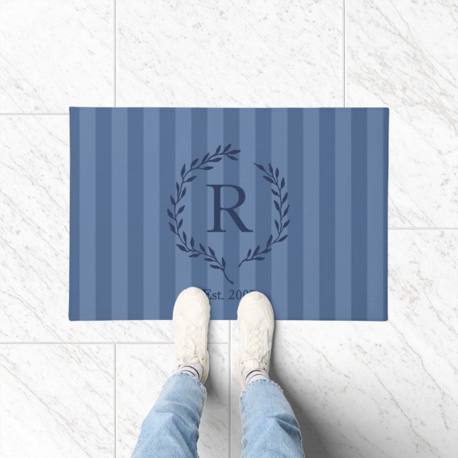 Denim and Navy Blue Wreath Monogram Doormat (Indoor)